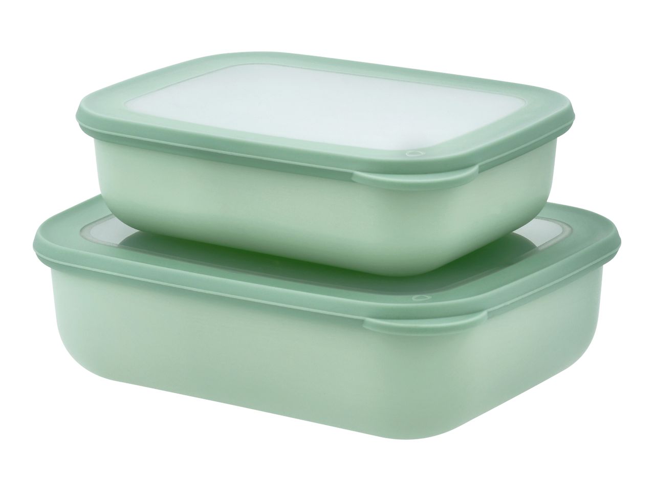 Two stacked rectangular food storage containers with light green bases and translucent lids.