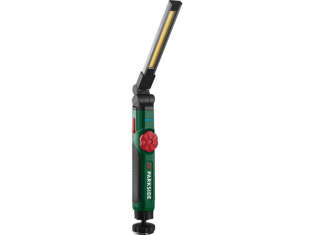 PARKSIDE laetav LED-lamp rohelise korpuse ning punaste ja mustade detailidega.