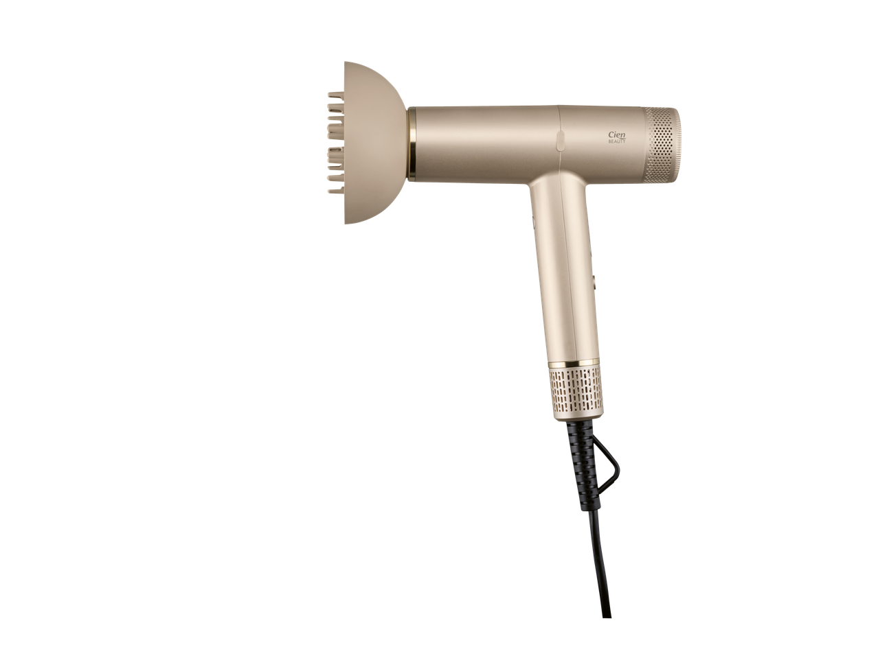 Auksinis Cien BEAUTY Airstyler-Set su difuzoriumi juodame fone.