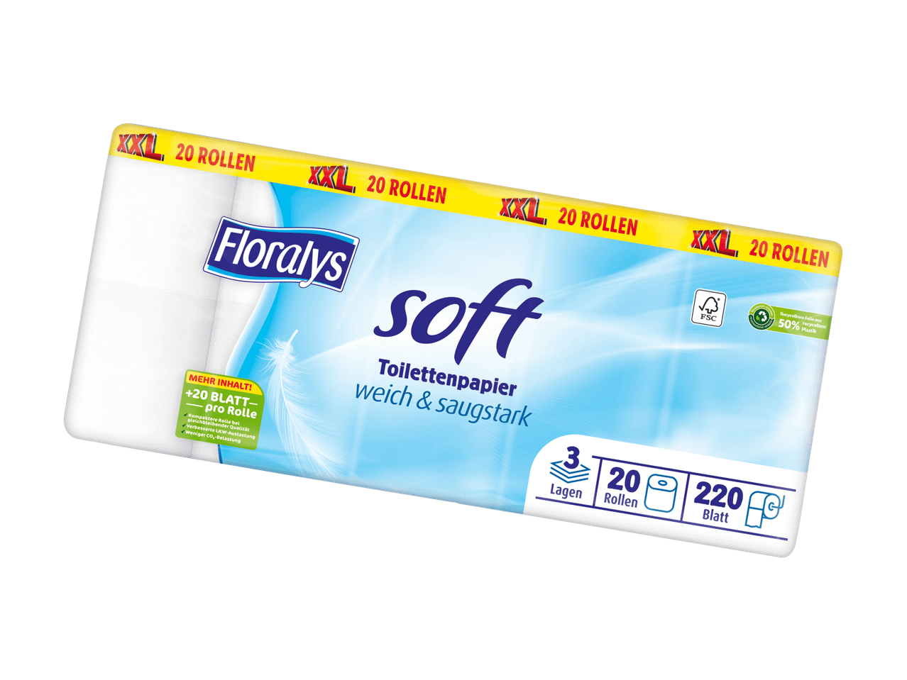 Packung Floralys Soft Toilettenpapier mit 20 Rollen, 3-lagig und 220 Blatt pro Rolle.