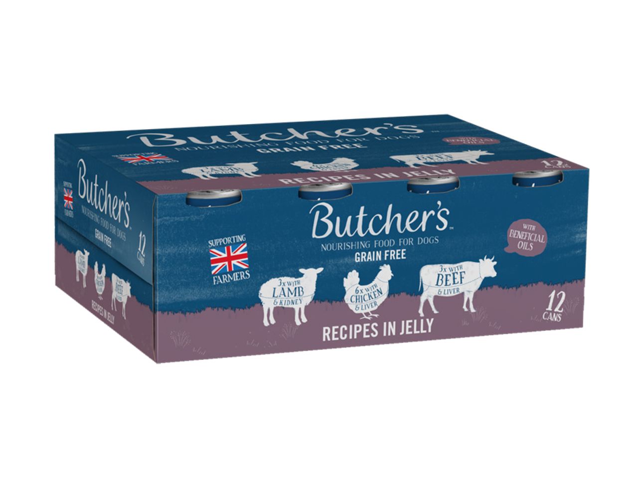 Butcher's Grain Free dog food, 12 cans with lamb, chicken, and beef recipes in jelly.
