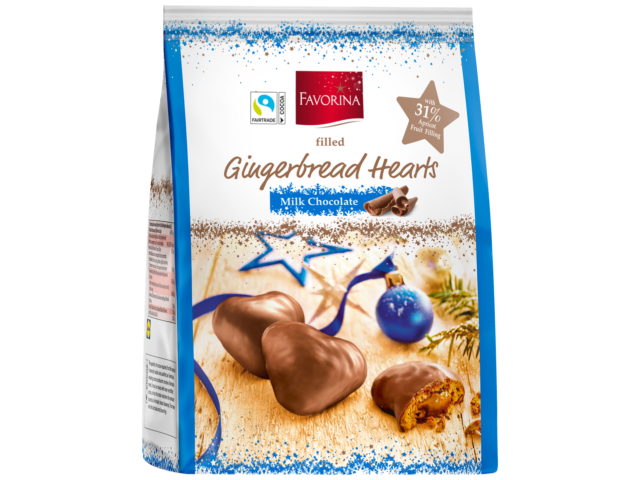 Favorina Gefüllte Lebkuchen-Herzen pakuotė su imbieriniais širdelėmis pieniniame šokolade su abrikosų įdaru.
