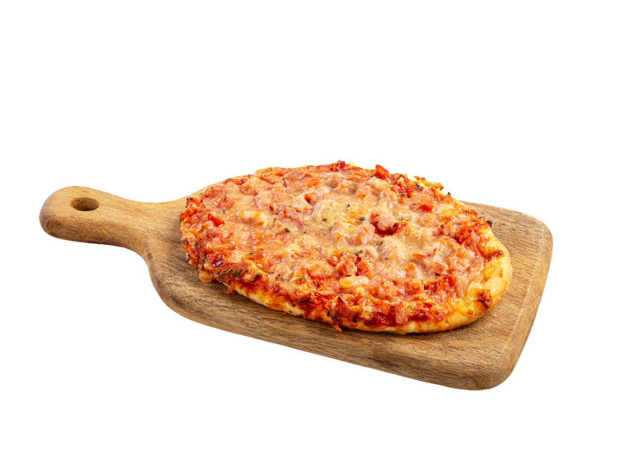 Mini pizza de fiambre e queijo numa tábua de madeira