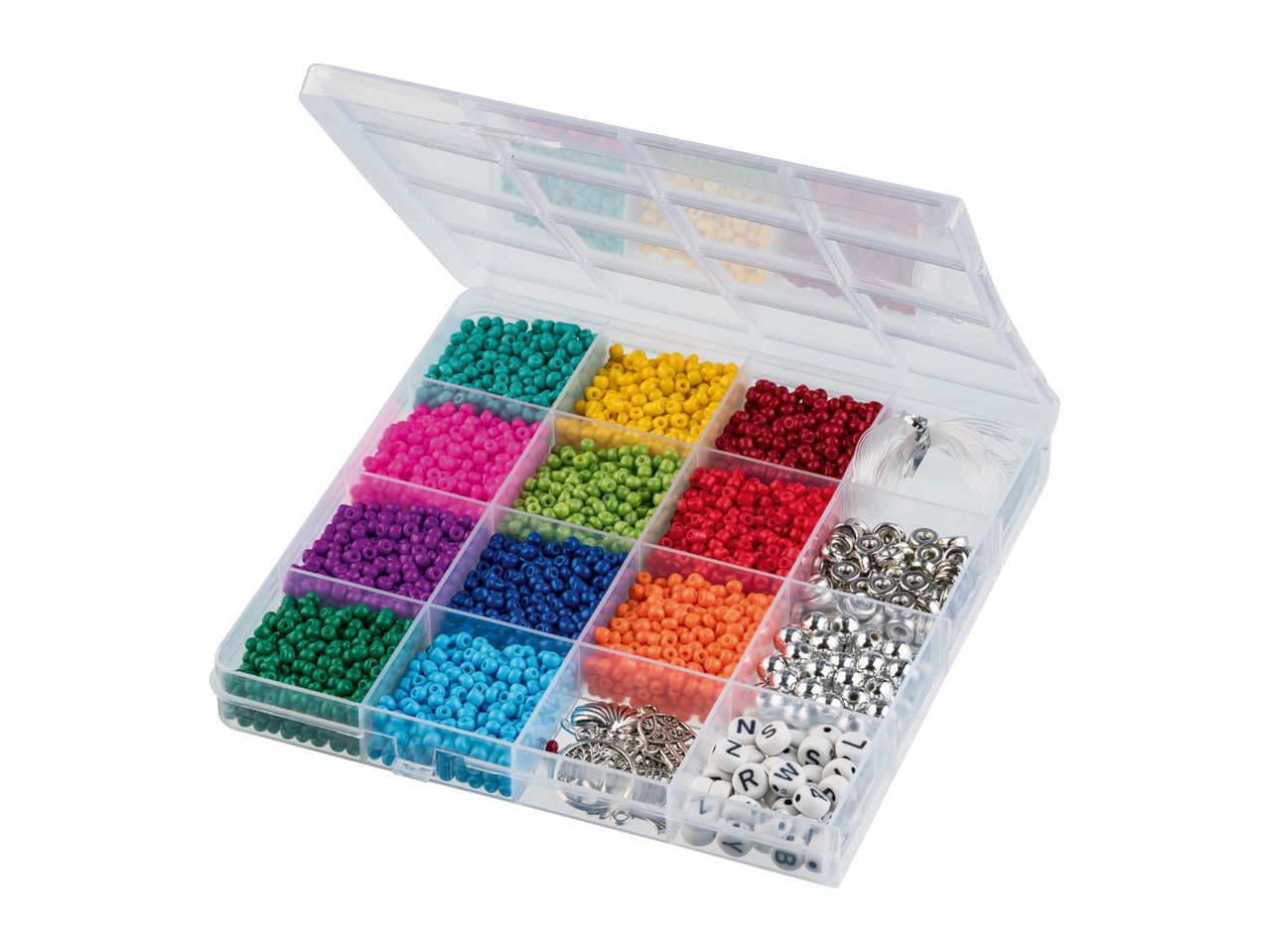 Craft bead set with various colored beads, letter beads, and metal charms in a clear organizer.