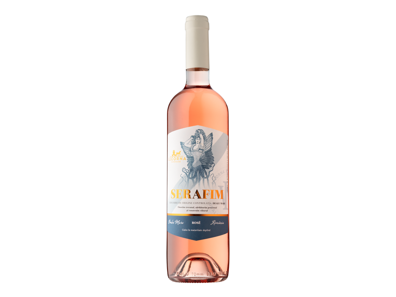 O sticlă de vin rosé Serafim de la Licorna Winehouse, cu etichetă albă și ilustrație.