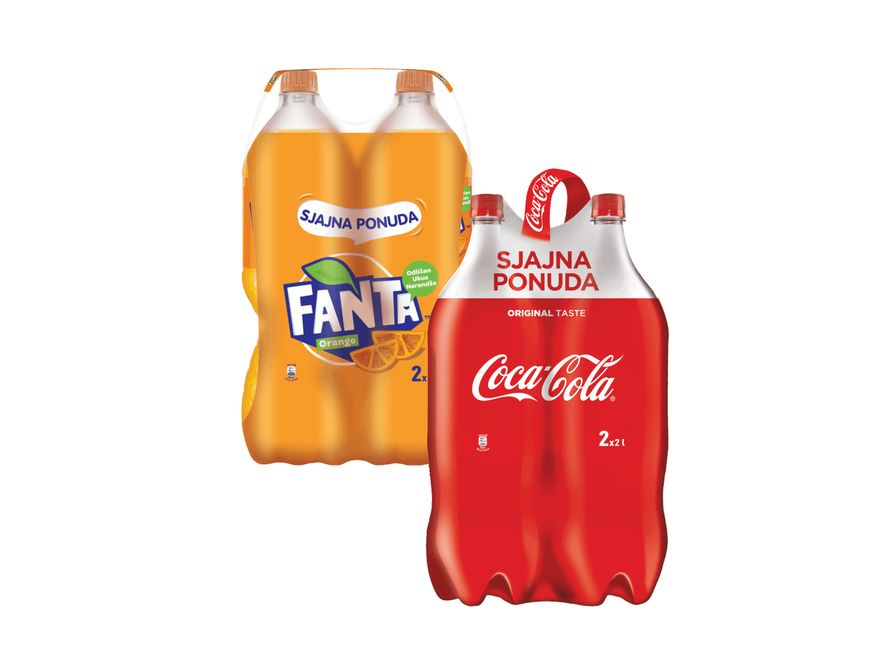 Pakovanje od 2x2L gaziranog soka od pomorandže i pakovanje od 2x2L gaziranog soka originalnog ukusa.