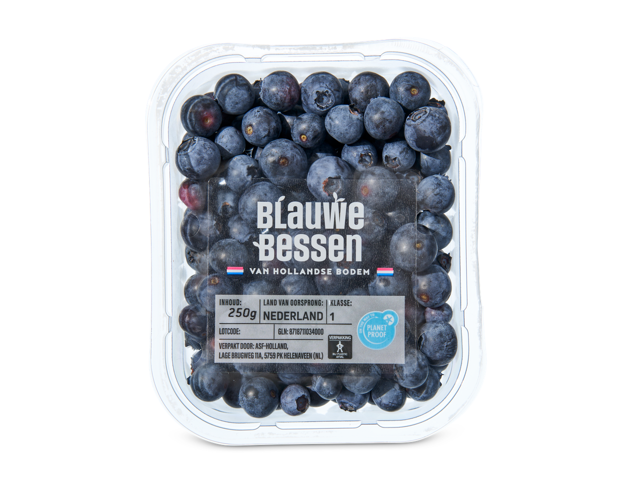 250g Blauwe Bessen uit Hollandse bodem in plastic verpakking.