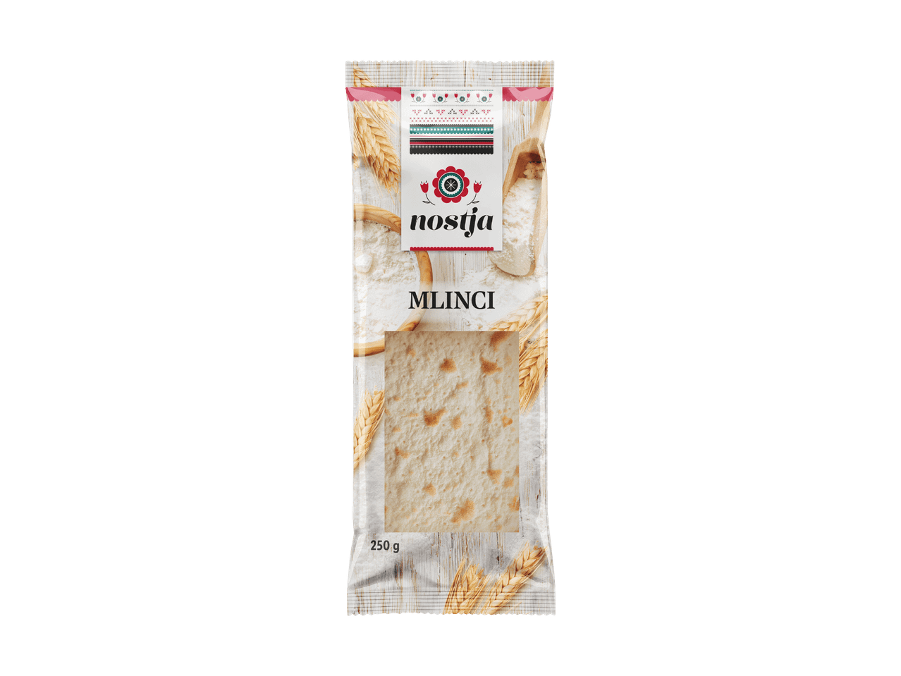 Verpackung für Mlinci mit Weizenähren, Mehl und einem traditionellen Blumenmuster, 250 g.