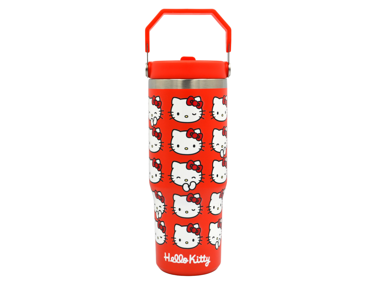 Red Hello Kitty Bradley Tumbler with multiple Hello Kitty faces and a handle