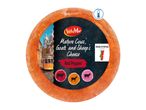 Round cheese with red pepper, featuring a Lisbon tram scene and icons for cow, goat, and sheep.