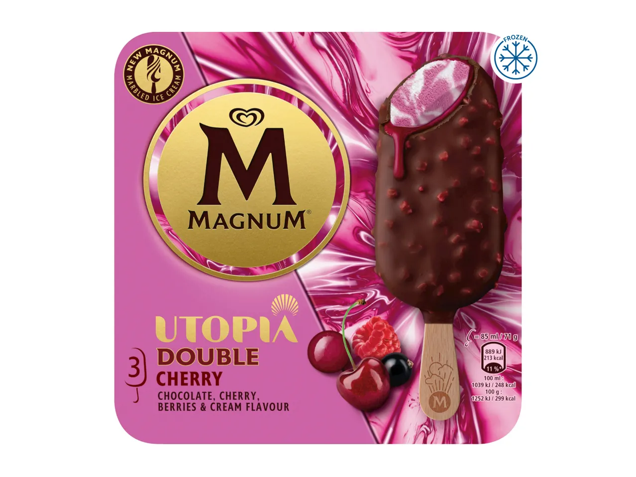 Pink ice cream packaging with a chocolate-covered cherry ice cream bar and berries.