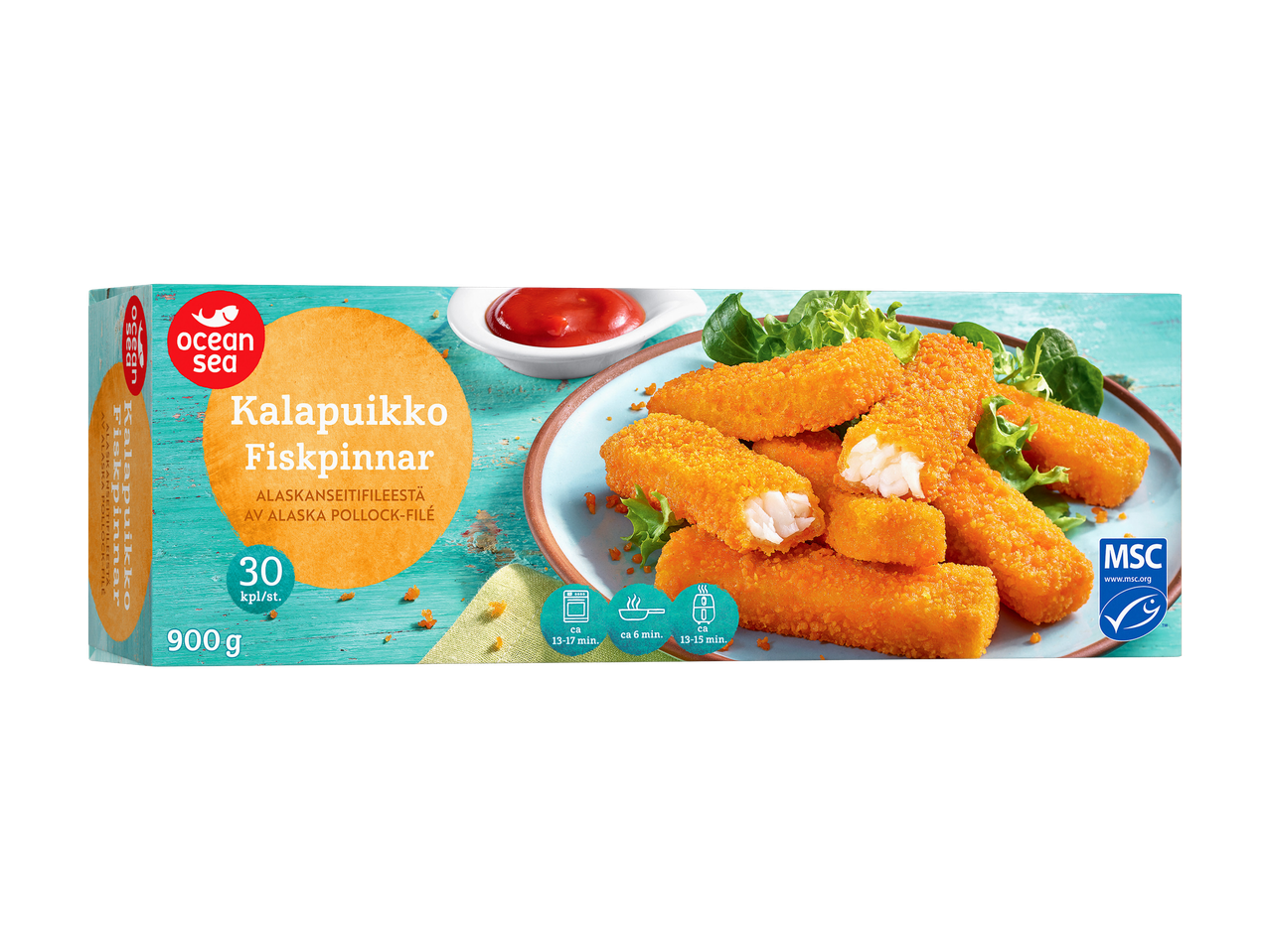 Kalapuikkopakkaus, jossa on 30 kalapuikkoa ja 900 g paino. Pakkauksessa on myös kuva kypsennetyistä kalapuikoista.