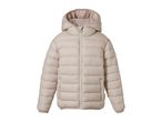 Light beige hooded puffer jacket with a front zipper.