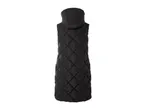 Back view of a long black quilted puffer vest with a hood