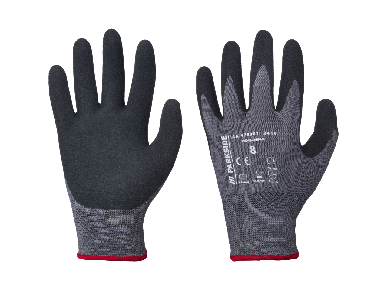 Parkside work gloves in grey and black with a red detail.