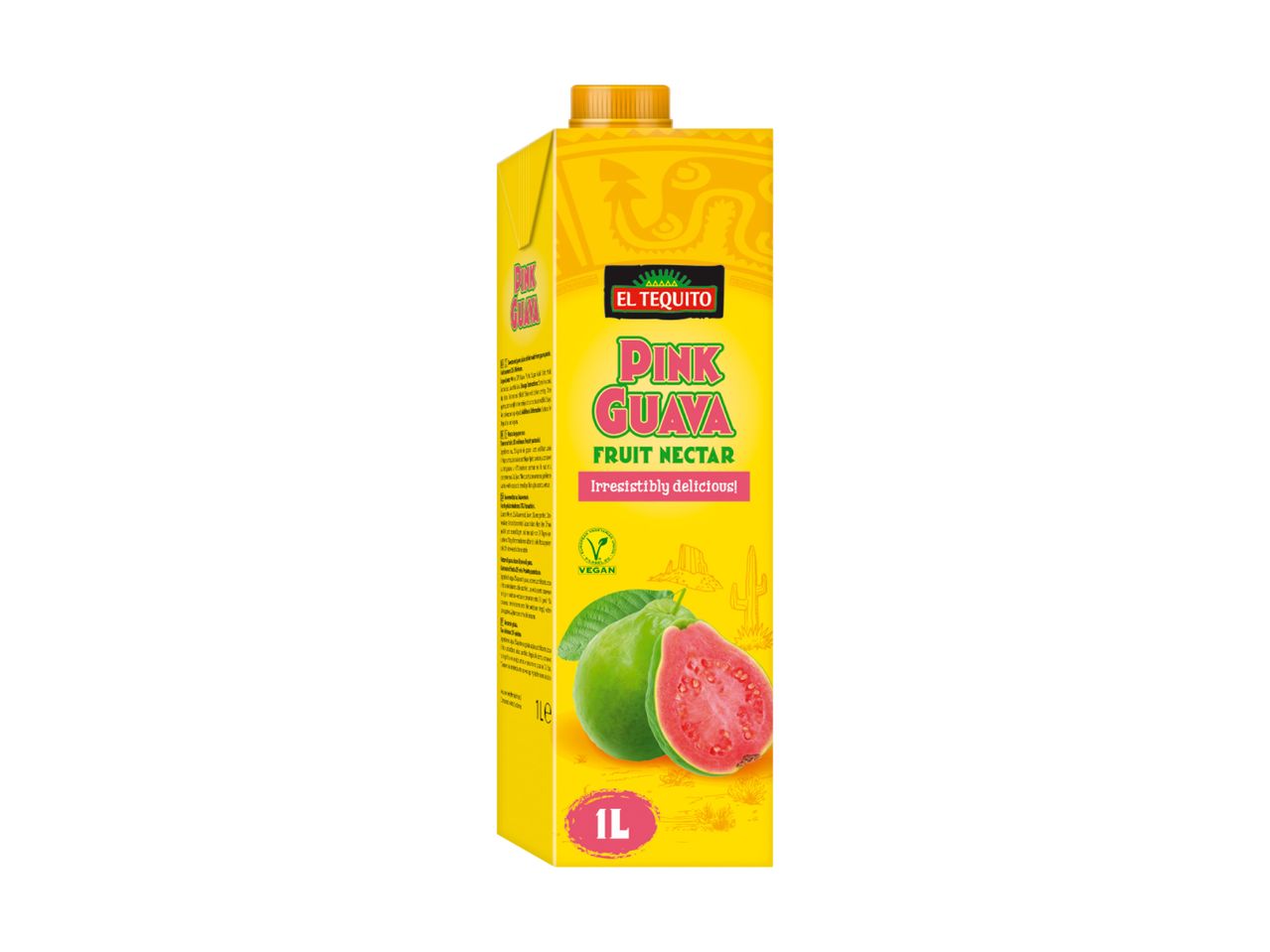 Pink Guava Fruit Nectar carton with a vegan label and a picture of guavas.