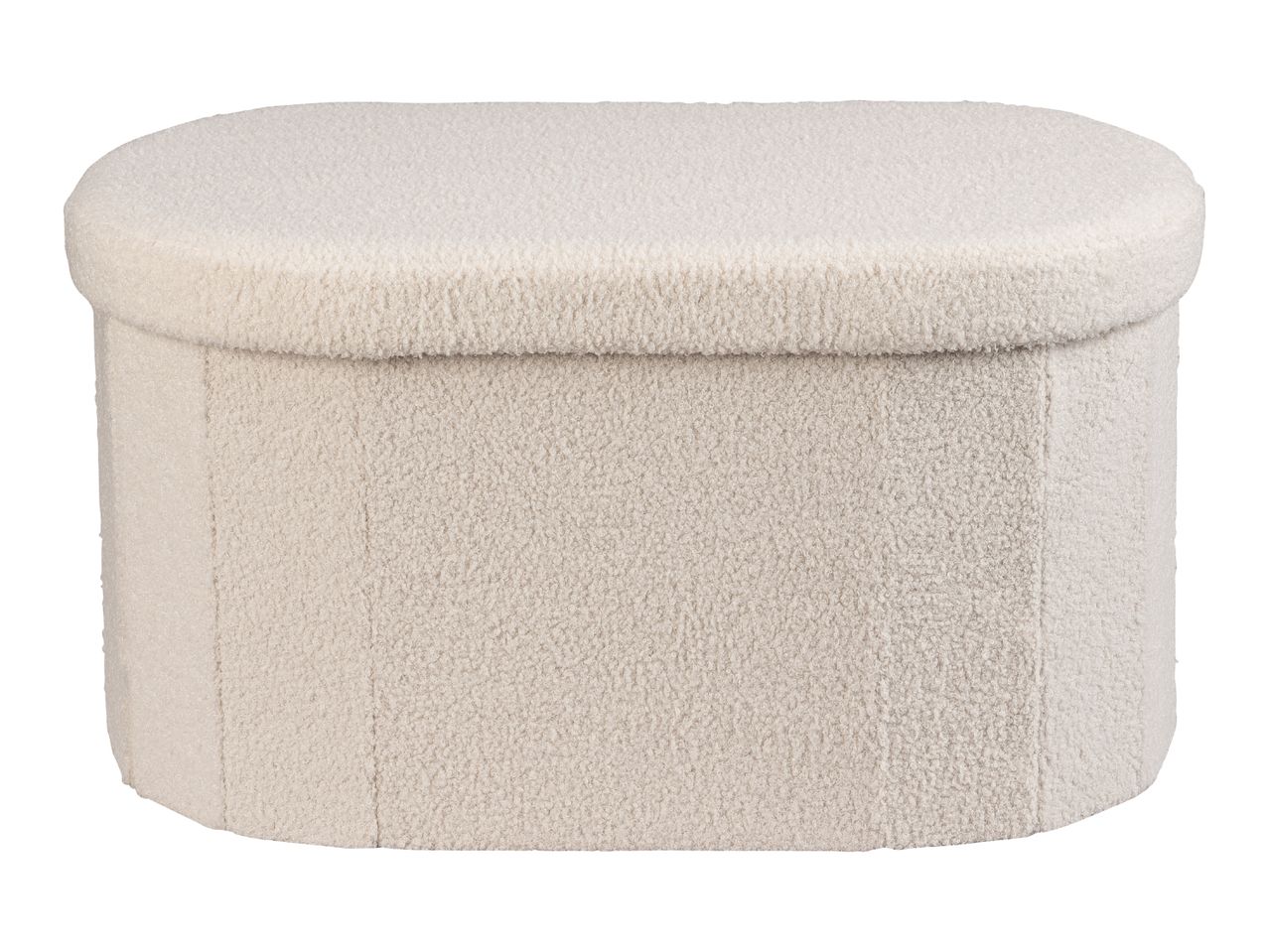 Cream-colored bouclé ottoman with an oval top and cylindrical base.