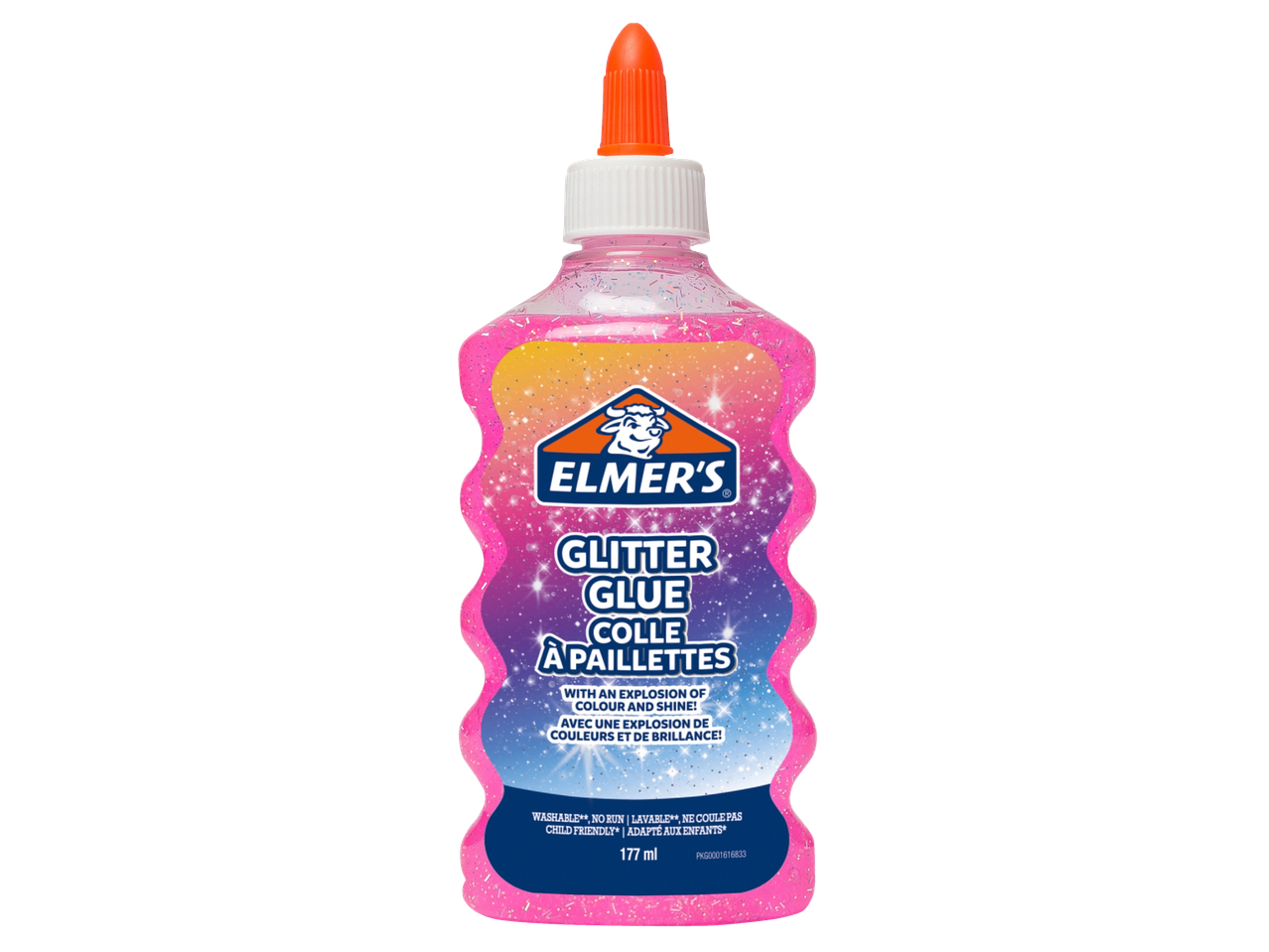 Elmer's roze glitterlijm 177 ml, afwasbaar en kindvriendelijk.