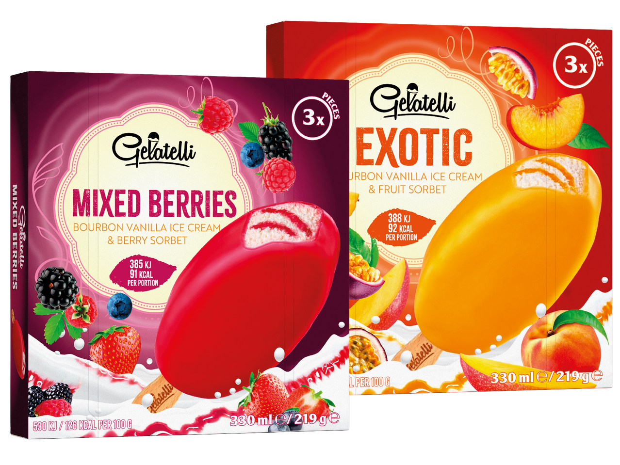 Två Gelatelli Glasspinnar förpackningar, en med blandade bär och en med smak av exotiskta frukter.