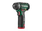 Cordless screwdriver with a green and black body, red accents, and a visible chuck.
