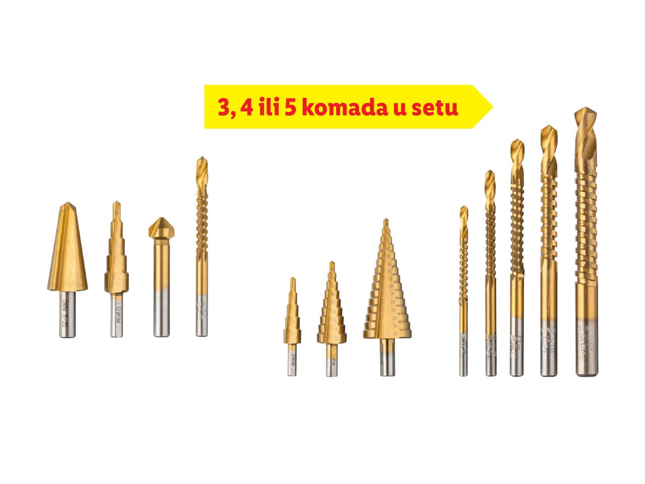 Set od 12 zlatnih svrdla različitih oblika i veličina, uključujući spiralna i konusna svrdla.