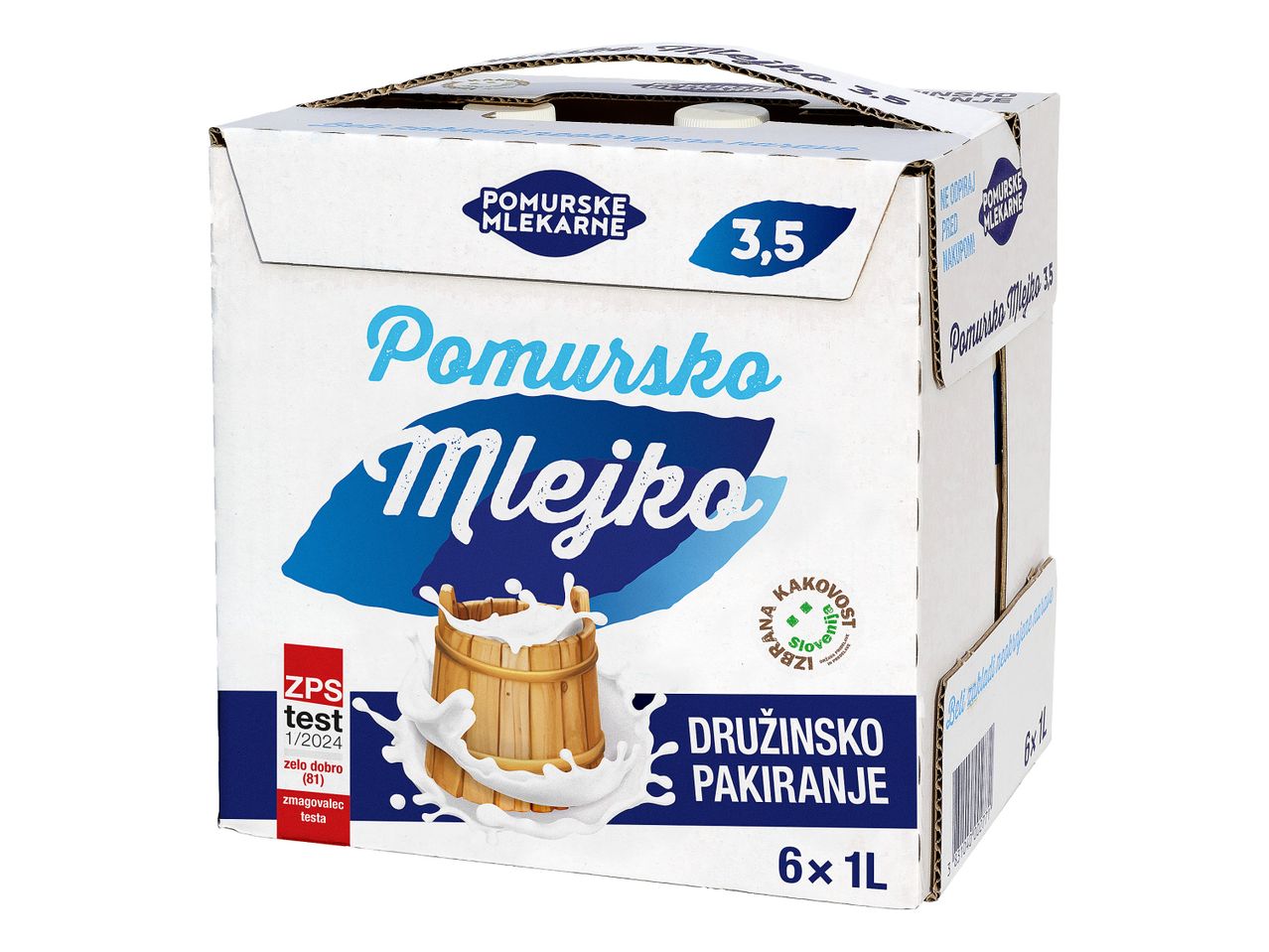 Škatla Pomurskega mleka 3,5% z oznako ZPS testa.