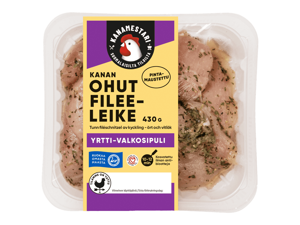 Maustettuja ohuita kanafileeleikkeitä pakkauksessa, 430 g.
