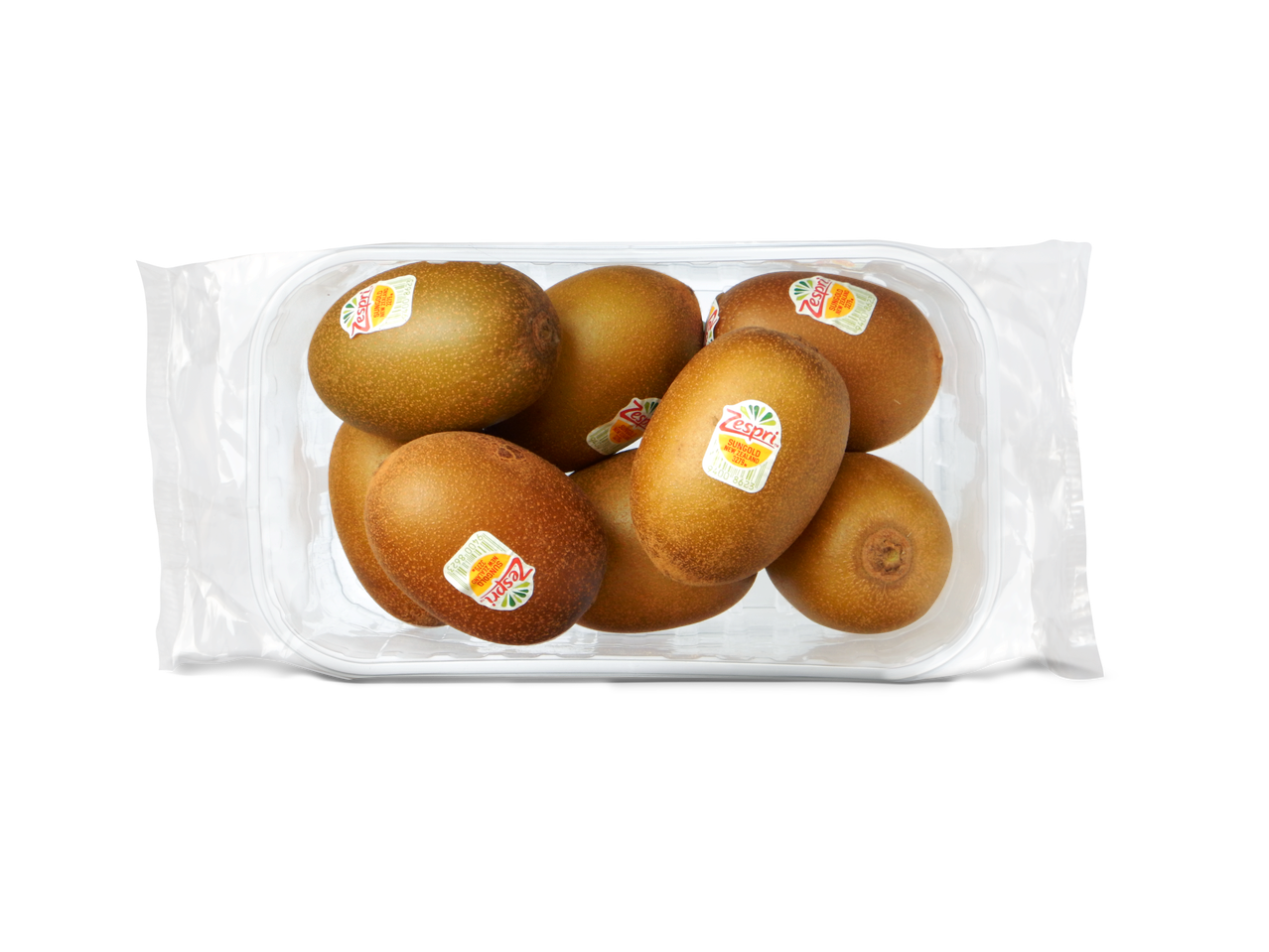 Een plastic schaal met Zespri kiwi gold op een zwarte achtergrond.