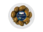 A clear plastic tub of Nocellara olives with a blue label indicating 150g.