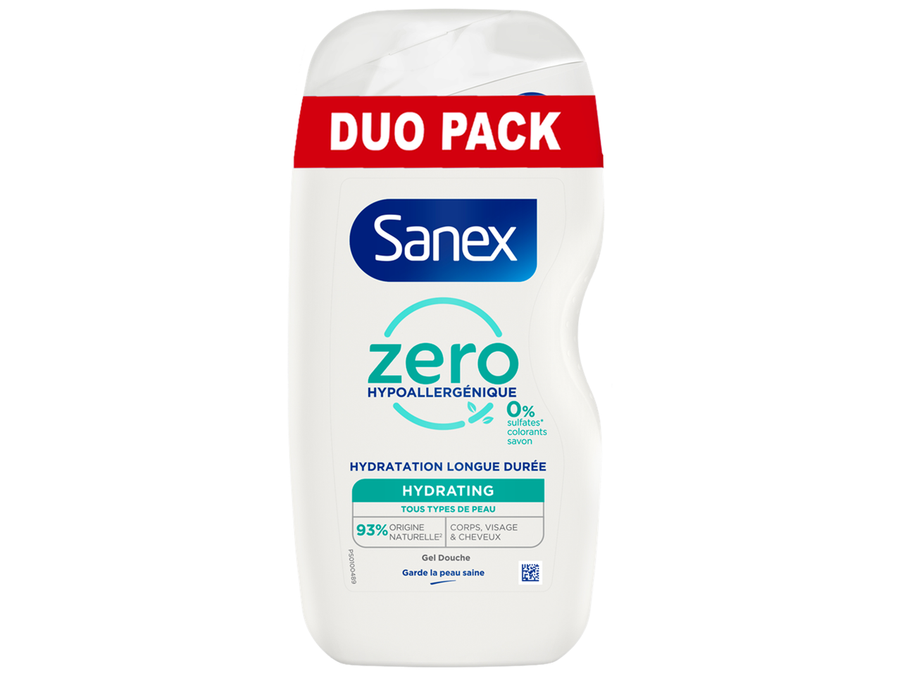 Duo pack de gel douche hydratant hypoallergénique pour tous types de peau.