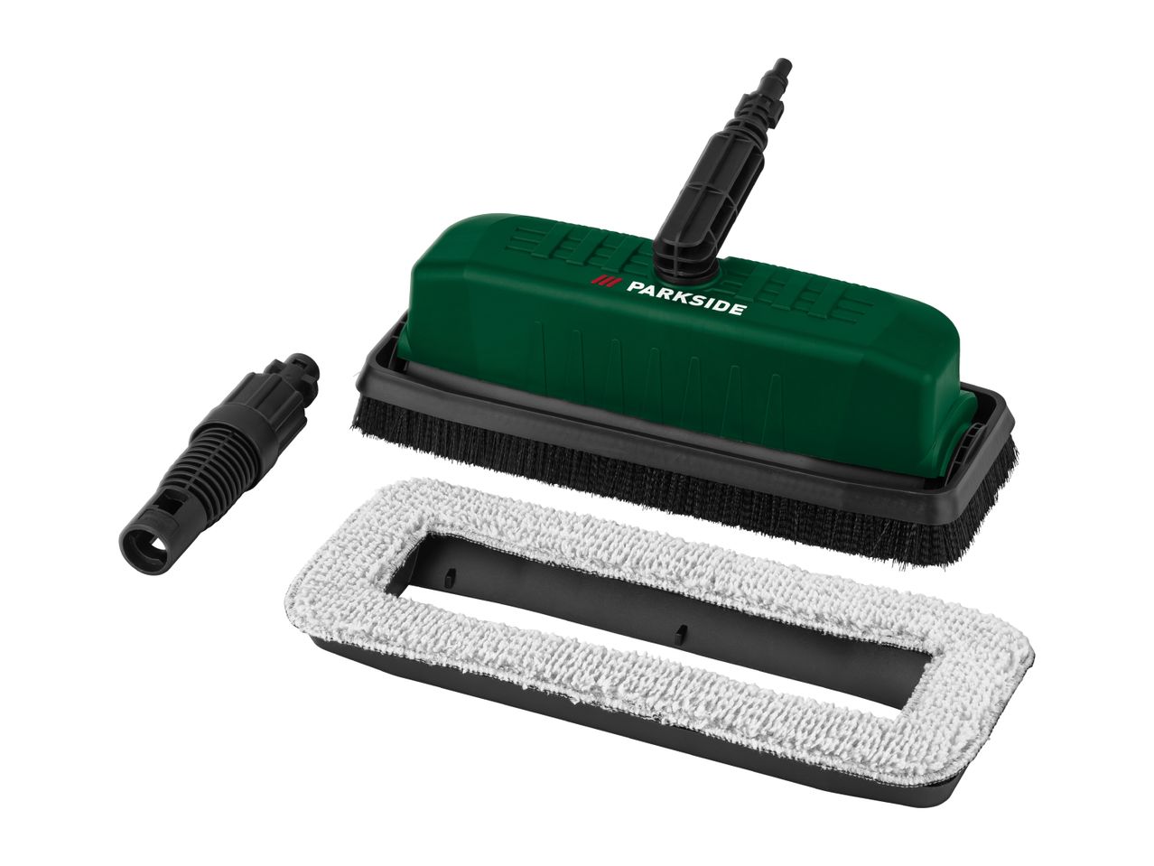 Green cleaning brush with black bristles, a detachable nozzle, and a white microfiber pad.