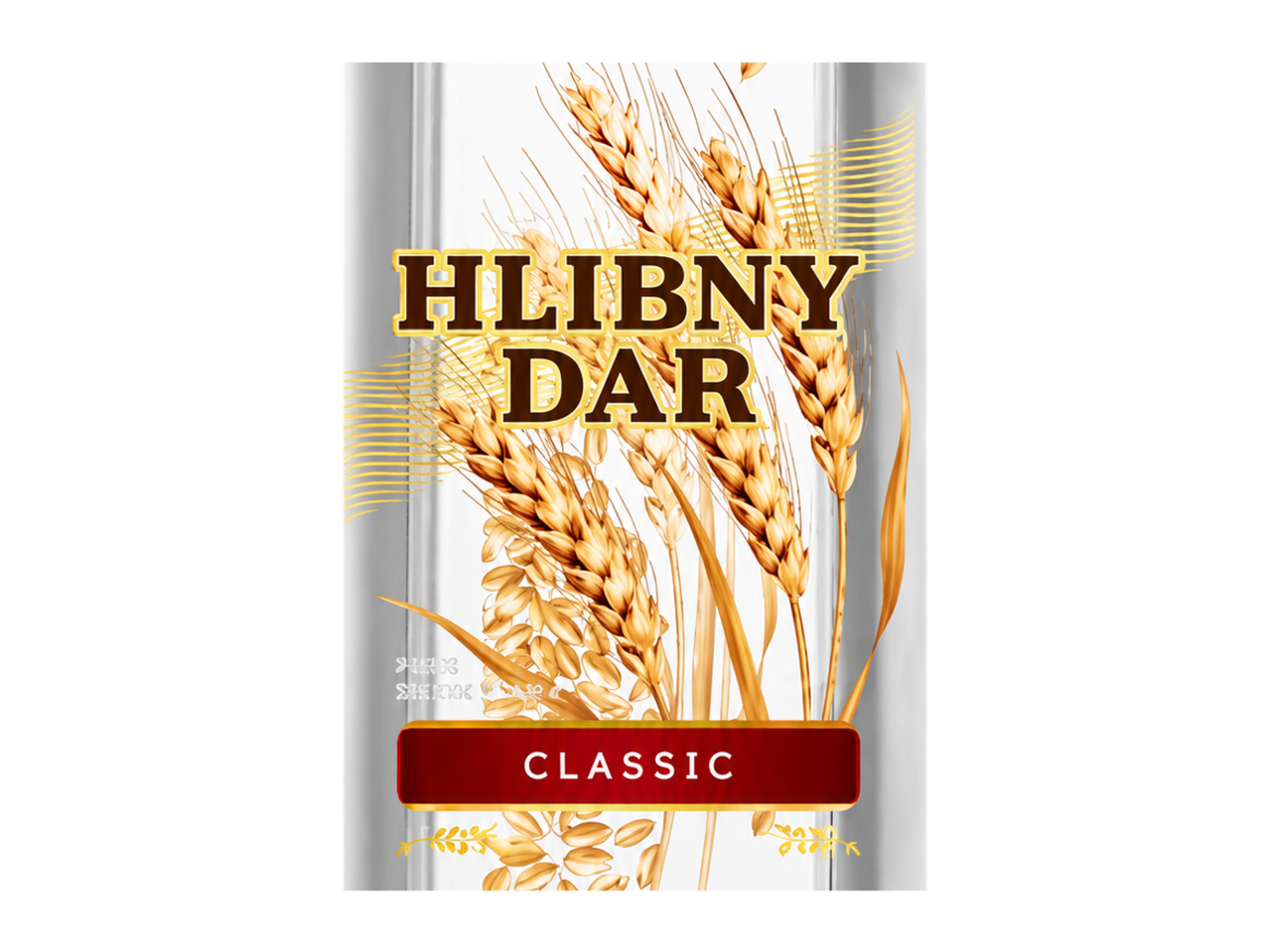 Етикет на продукт с пшенични класове и надпис 'HLIBNY DAR CLASSIC'.