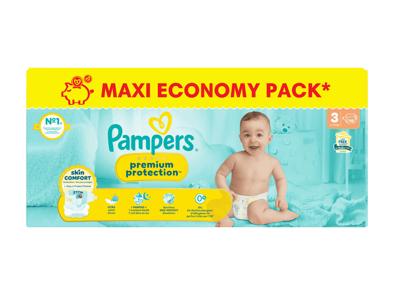 Pampers Premium Protection Maxi Economy Pack, Größe 3 (6-10 kg) mit 112 Windeln.