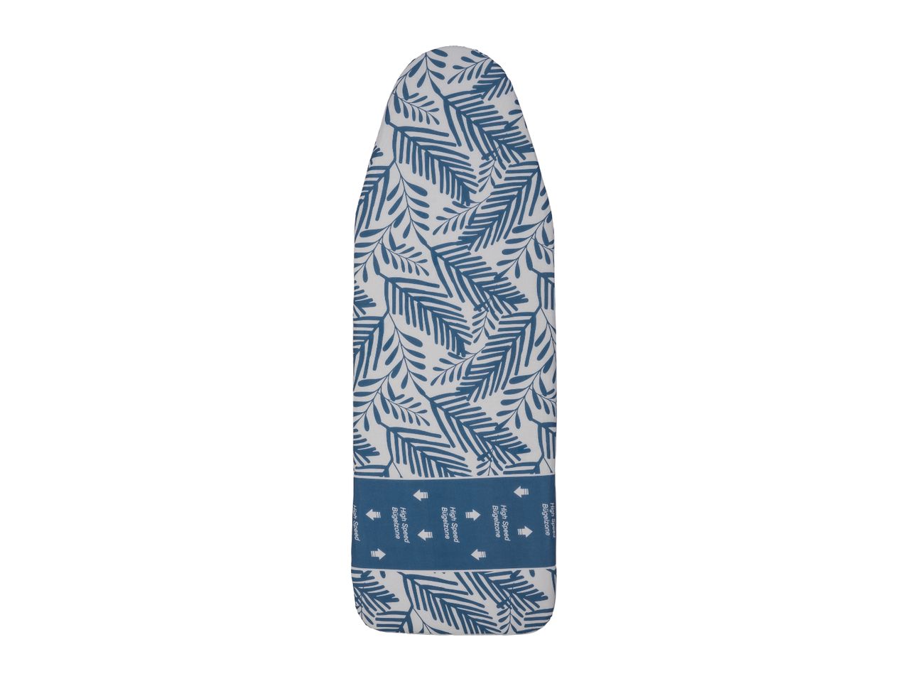 Ironing board cover with blue leaf pattern and 'High Speed Bügelzone' text.