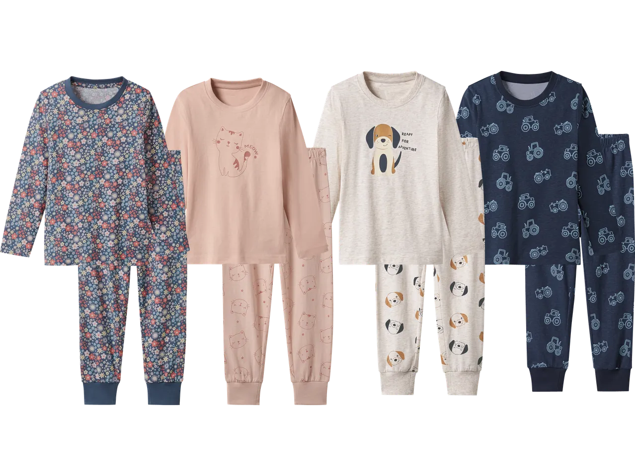 Fyra uppsättningar pyjamasar för barn: blommig, katt, hund och traktor.