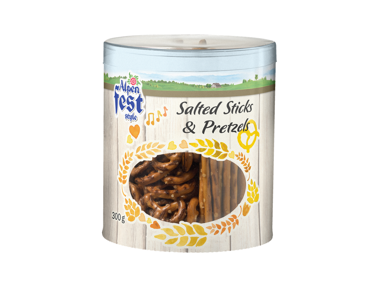 Alpenfest Salted Sticks & Pretzels in a cylindrical container with a clear window.