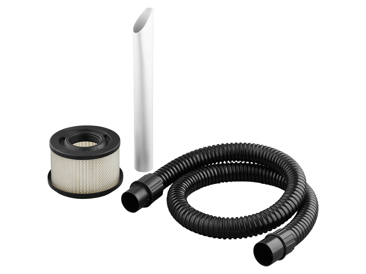 Ash vacuum accessories: filter, crevice tool, and hose.