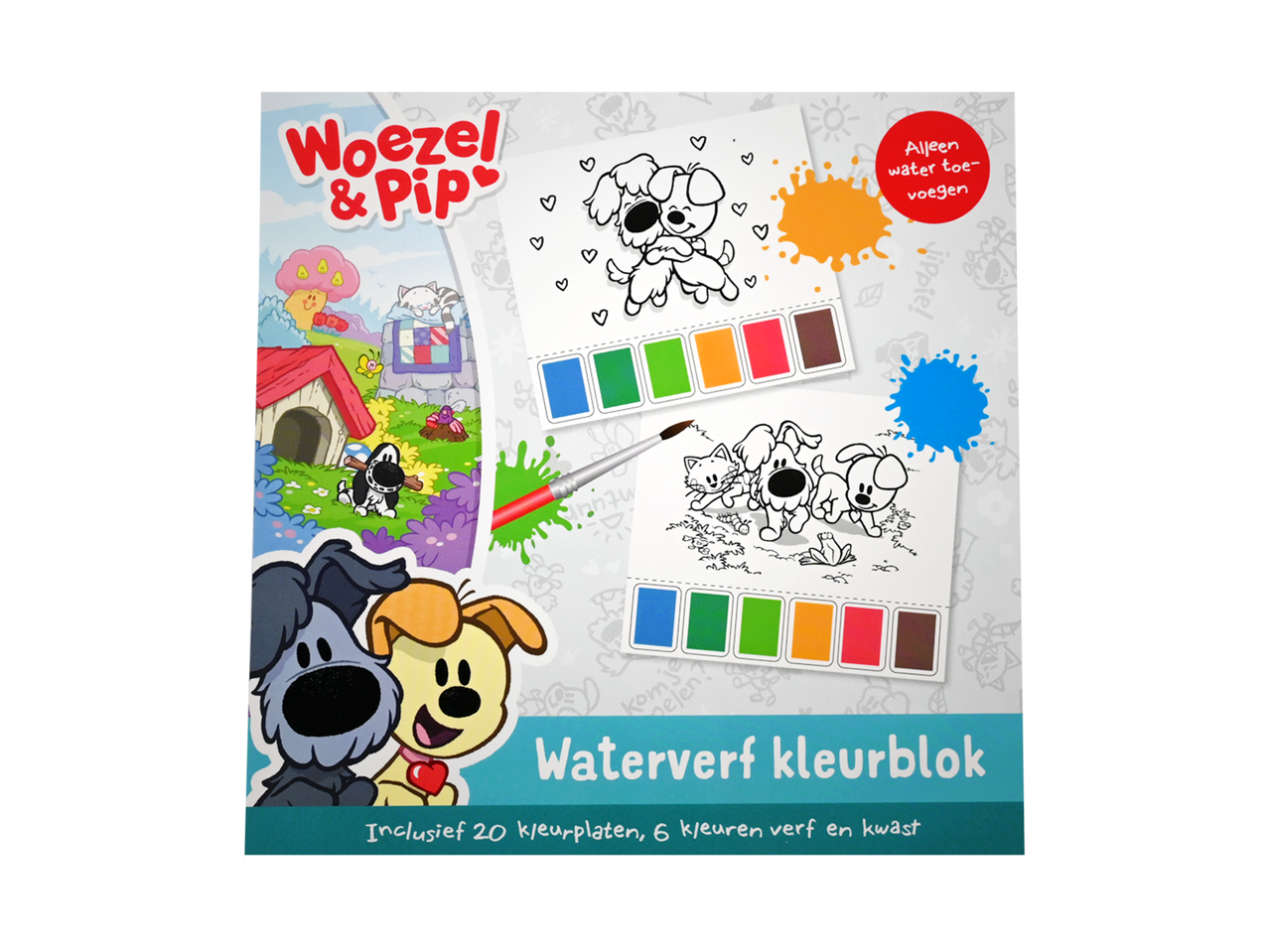 Waterverf kleurblok met kleurplaten, verf en een kwast.
