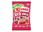Sachet de bonbons rouges aux fruits rouges, avec des personnages de framboise, cerise et fraise.