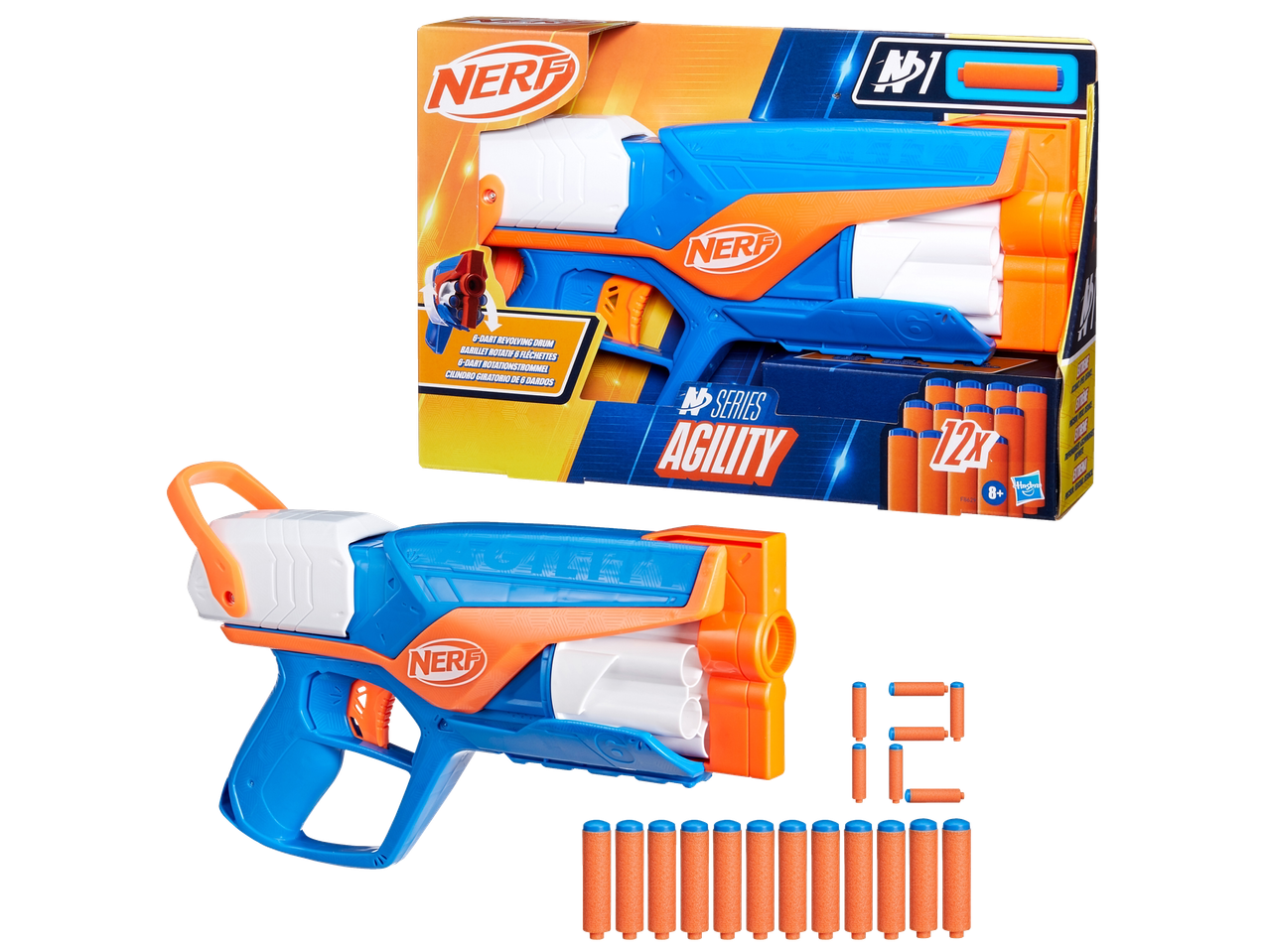 Nerf Agility šautuvas su 12 strėlyčių ir pakuote.