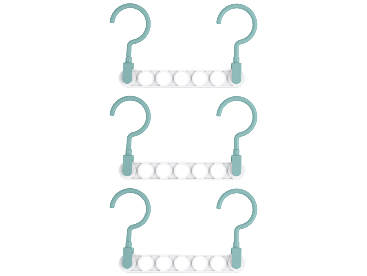 Three mint green clothing hangers with multiple hooks.