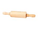 A light wooden rolling pin with handles on a white background.