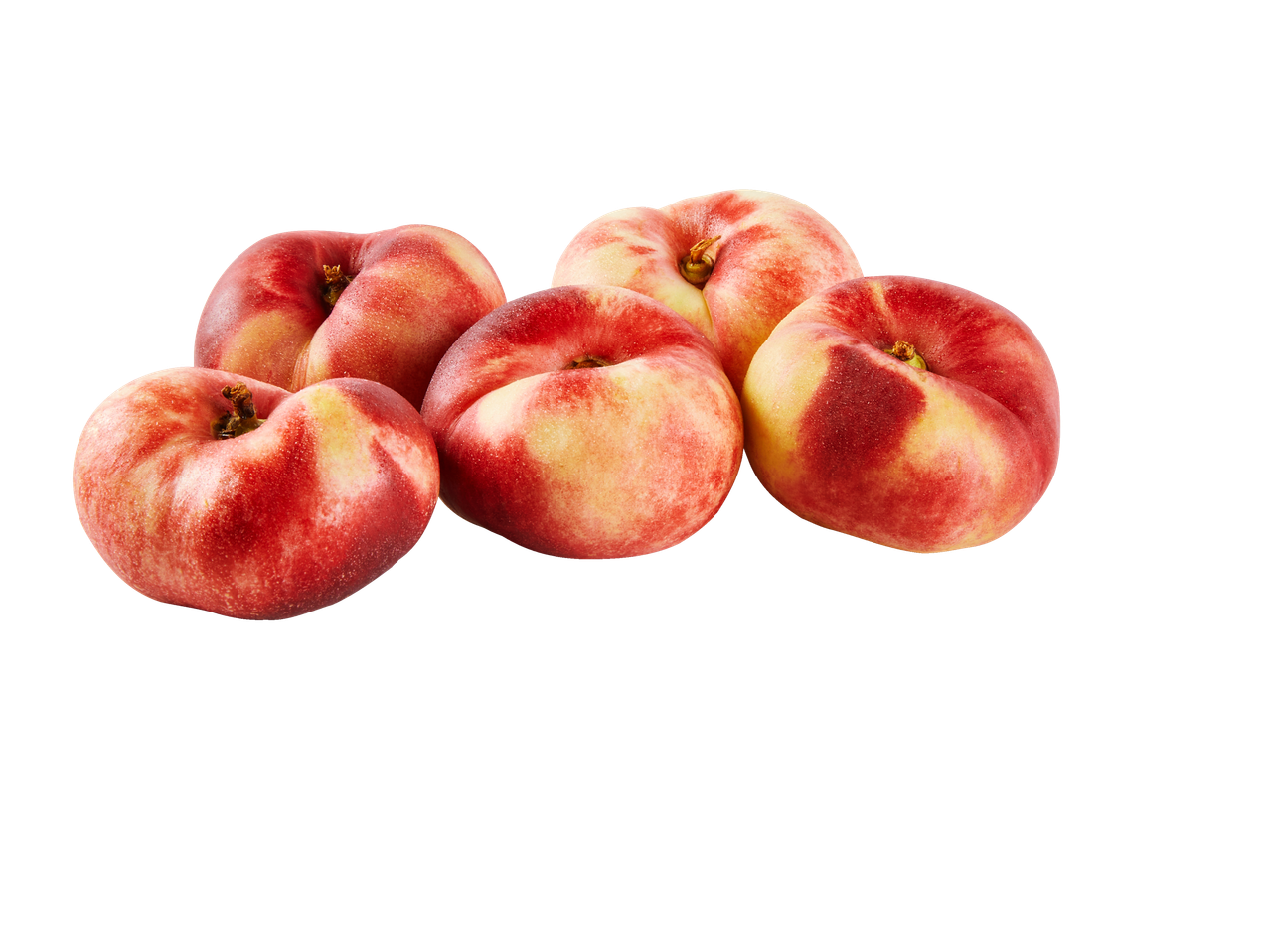 Vijf platte nectarines met rode en gele tinten op een zwarte achtergrond.