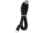 Cablu USB negru cu conectori Type-A și Type-C, legat cu o bandă albă.