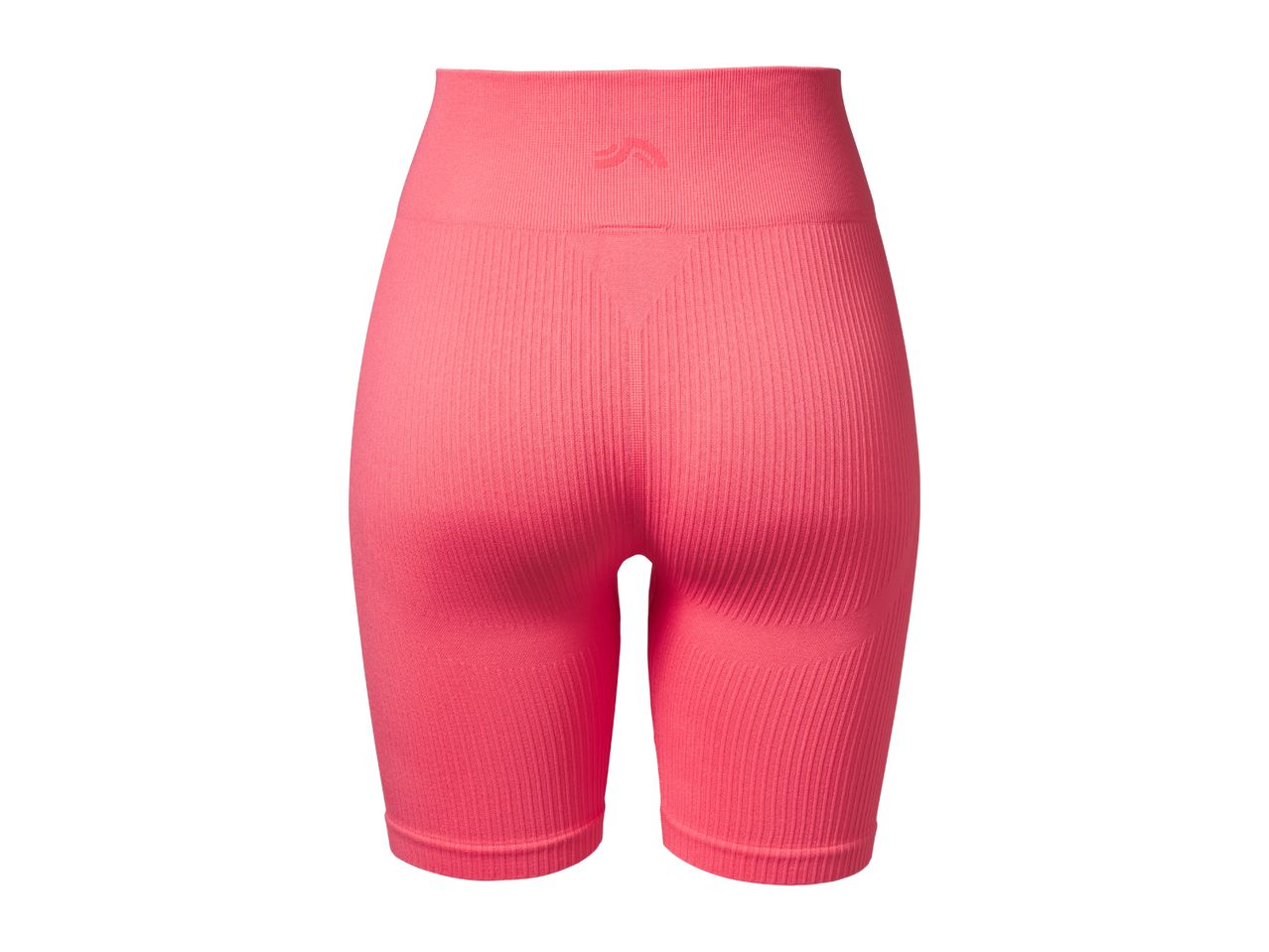 Coral pink ribbed cycling shorts with a high waist and subtle pattern on the waistband.