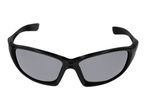 Black sports sunglasses with gray lenses on a white background.