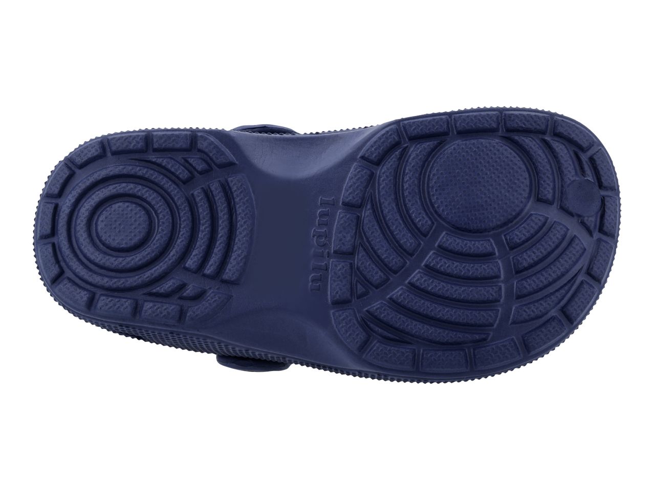 Bottom view of a dark blue children's clog with a textured sole and brand name.
