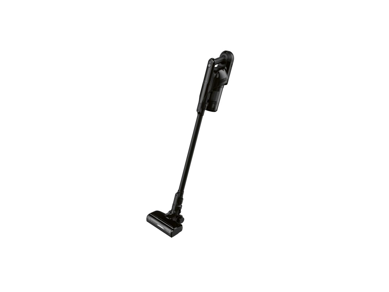 A black cordless stick vacuum cleaner stands upright against a white background.