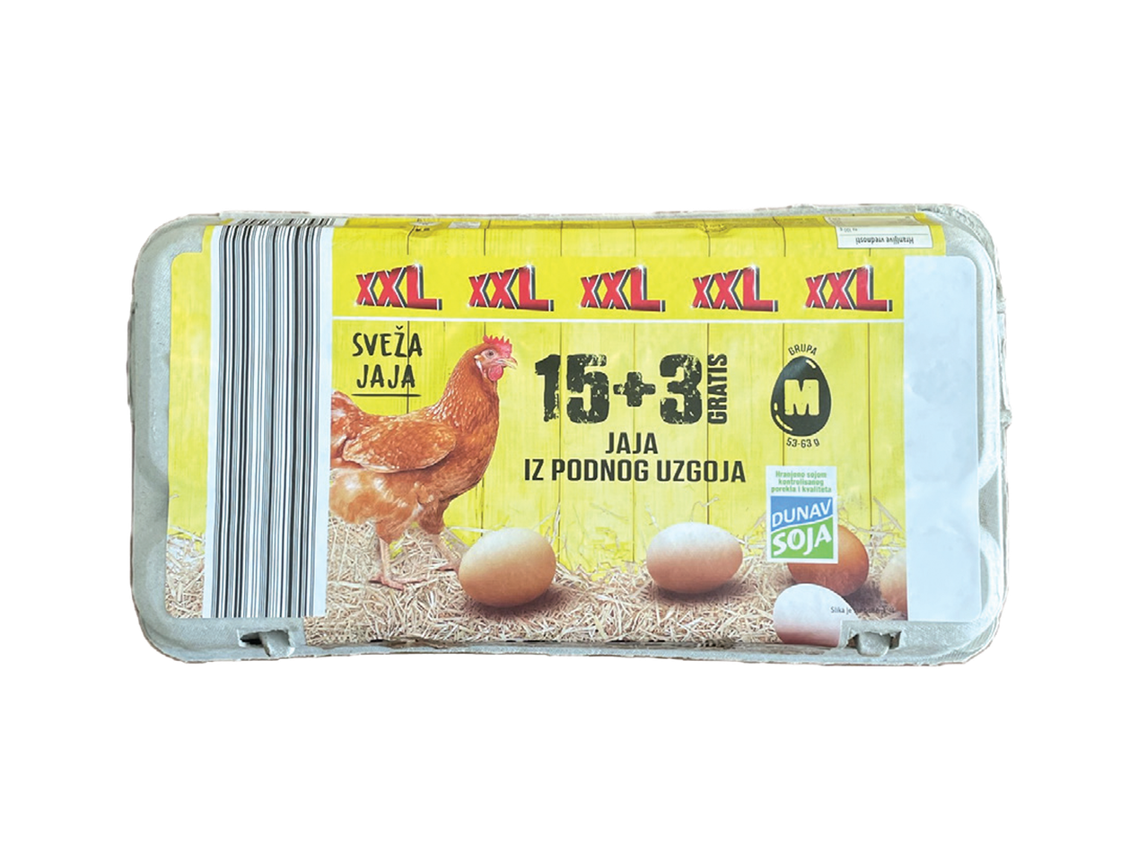 Pakovanje XXL svežih jaja iz podnog uzgoja, 15+3 gratis, sa oznakom Dunav Soja.