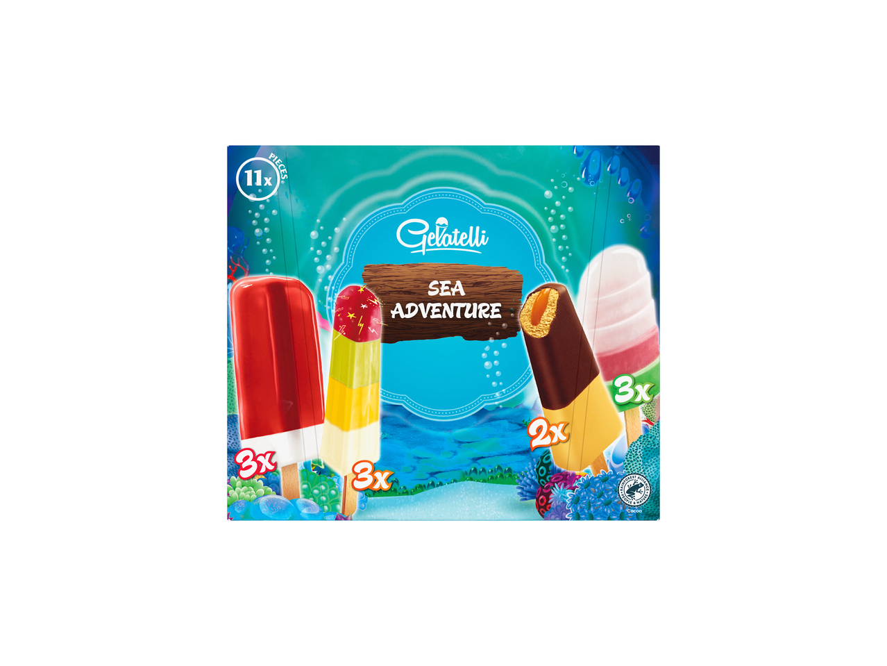 Gelatelli Sea Adventure večpakiranje sladoleda z 11 različnimi sladoledi na palčki.
